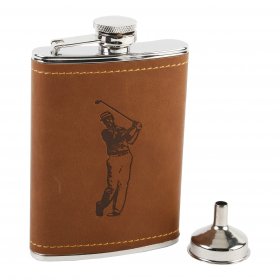 Harvey Makin 6oz Hip Flask with Brown PU wrap - Golf Design 