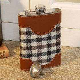 8oz Chequered Faux Leather Hip Flask & Shot Glass