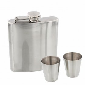 Hip Flask 6oz, Funnel & Cups Plain Shiny Silver