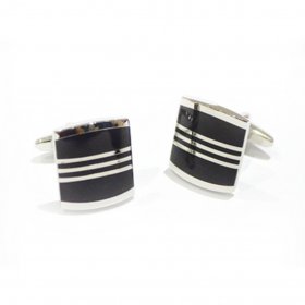Cufflinks - Large High Quality Silver Striped Black Enamelled