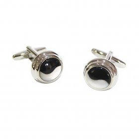 Cufflinks - High Quality Round Black and White MOP Design Rhodium Plated