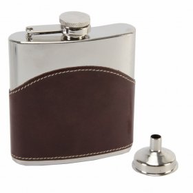 Hip Flask 6oz + Funnel Brown High Grade Leather