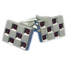 Cufflinks - Silver Rectangle with Checked Amethyst Stones