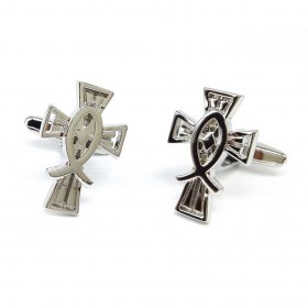 Cufflinks - Rhodium Plated Stylised Christian Cross with Icthus Overlaid Cufflinks