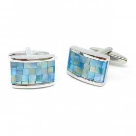 Cufflinks - Curved Blue Mother of Pearl Rhodium Plated